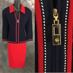 BEAUTIFUL st john collection knit red blue multi jacket skirt suit 10 12